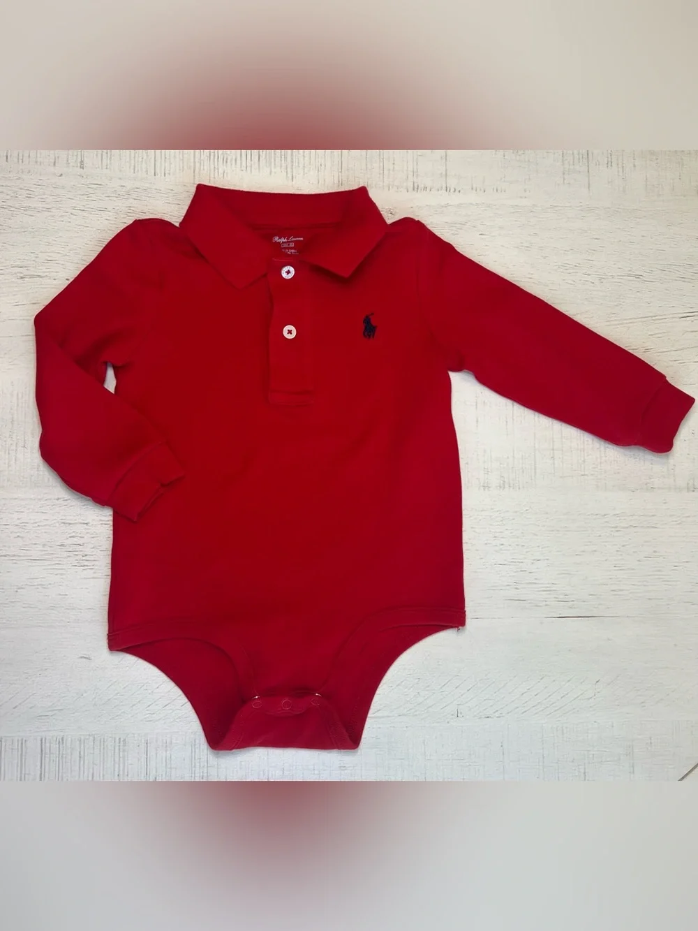 Ralph Lauren Red Long Sleeve Baby Onesie with Navy Embroidered Pony